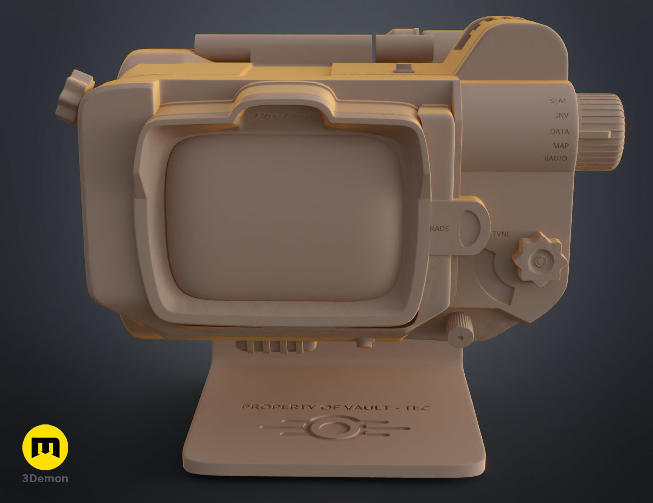 Frontal perspective 3D render of the Pip Boy prop in grey material – Pip Boy Fallout 3D print | 3Demon