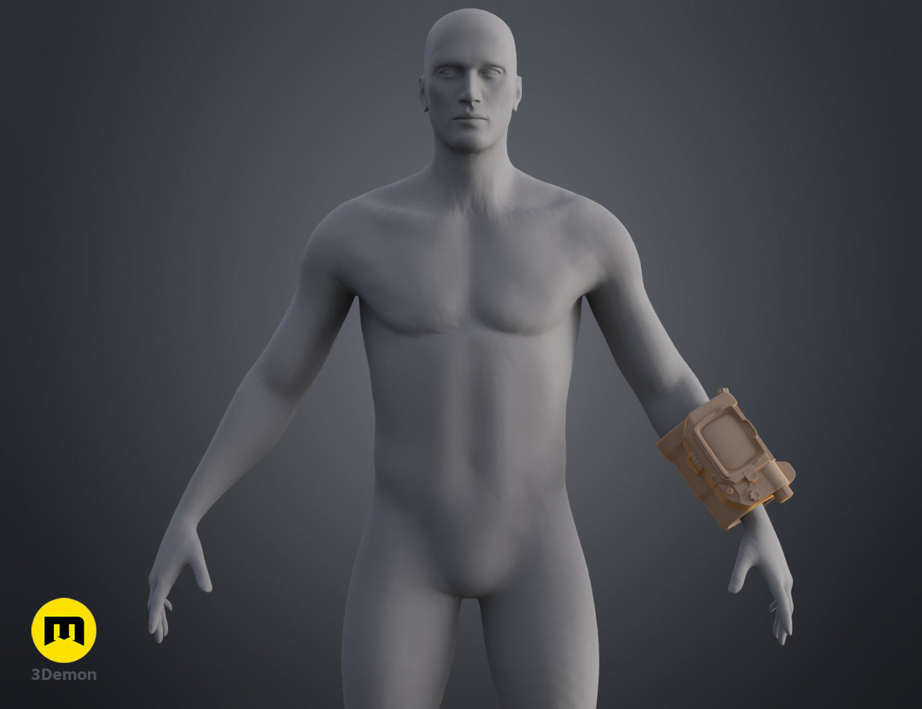 Perspective 3D render of the grey Pip Boy wrist computer on an arm – Pip Boy Fallout 3D print | 3Demon