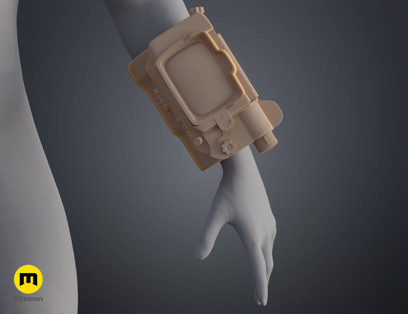 Bottom view 3D render of the Pip Boy prop on a wrist for size reference – Pip Boy Fallout 3D print | 3Demon