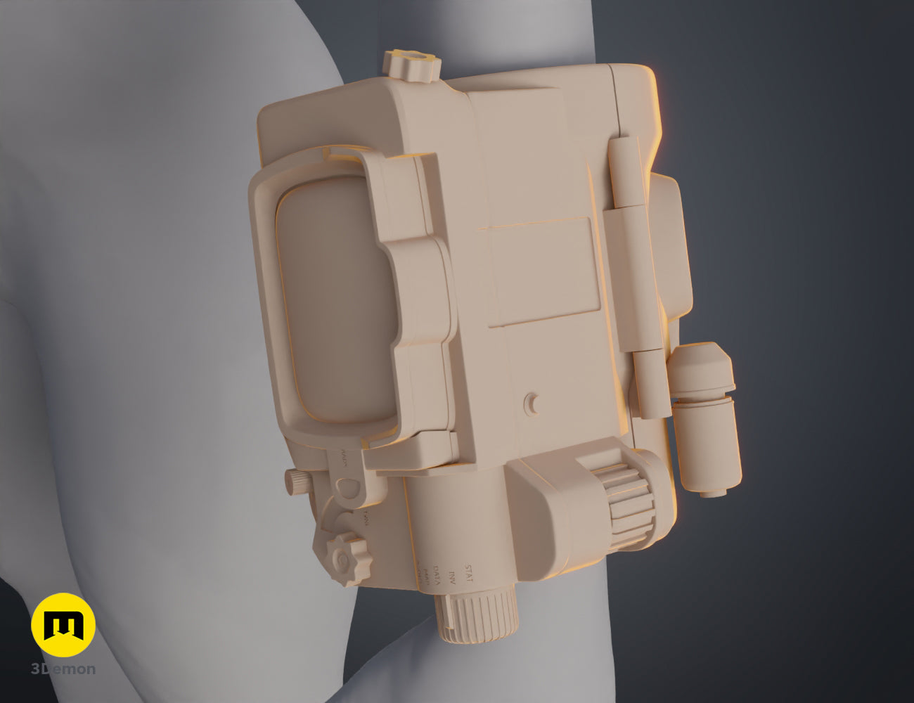 Top-down 3D render of the Pip Boy 3D model on a forearm – Pip Boy Fallout 3D print | 3Demon