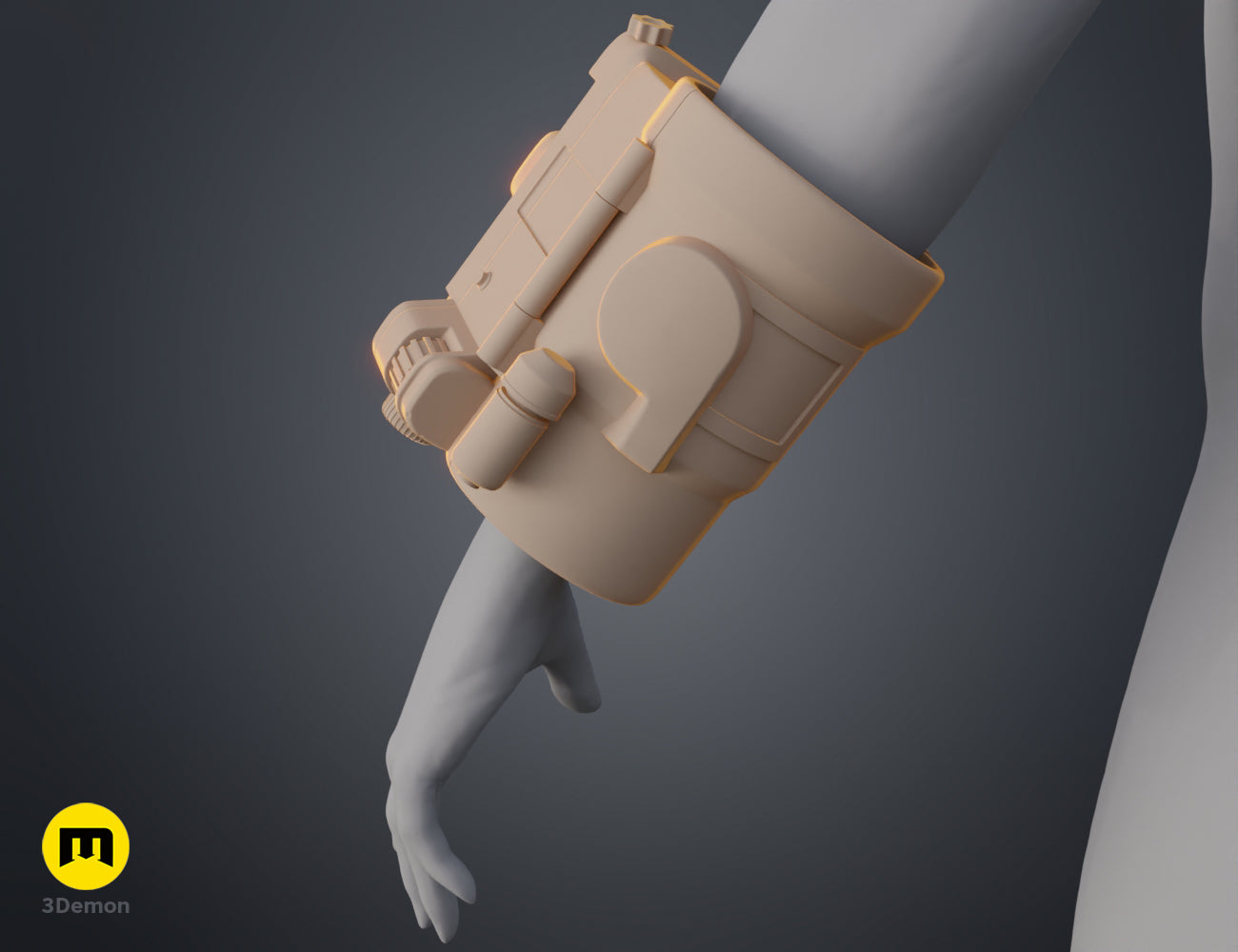 Front-perspective 3D render of the Pip Boy prop on a humanoid arm – Pip Boy Fallout 3D print | 3Demon
