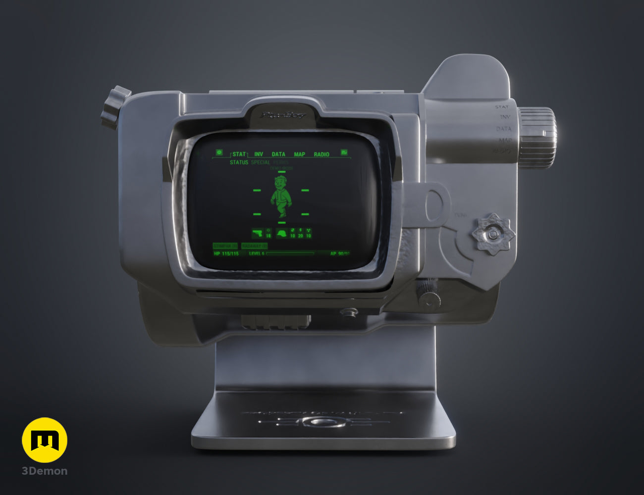 3D render of a dark metallic color variant of the Pip Boy prop – Pip Boy Fallout 3D print | 3Demon