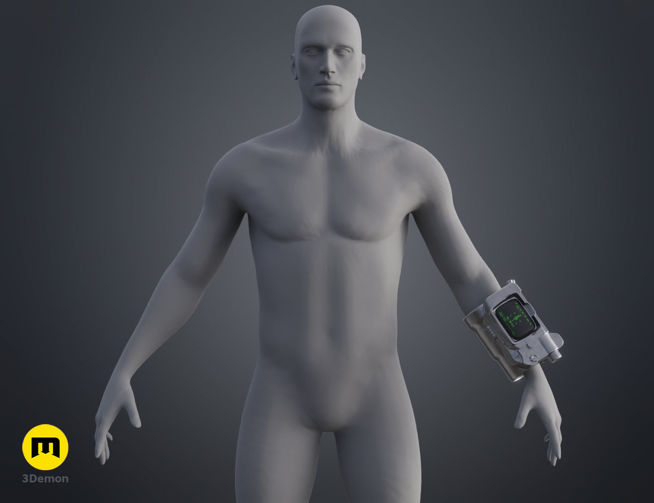Perspective 3D render of the Pip Boy wrist computer in dark grey – Pip Boy Fallout 3D print | 3Demon