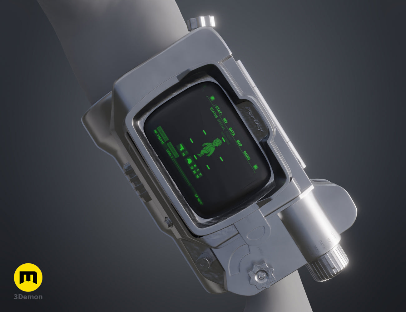 Front 3D render of the Pip Boy model in dark blueish grey finish – Pip Boy Fallout 3D print | 3Demon