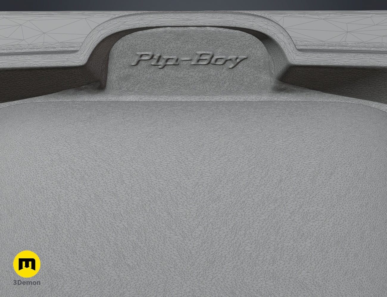 Close-up 3D wireframe mesh showing the Pip-Boy logo on the wrist computer – Pip Boy Fallout 3D print | 3Demon