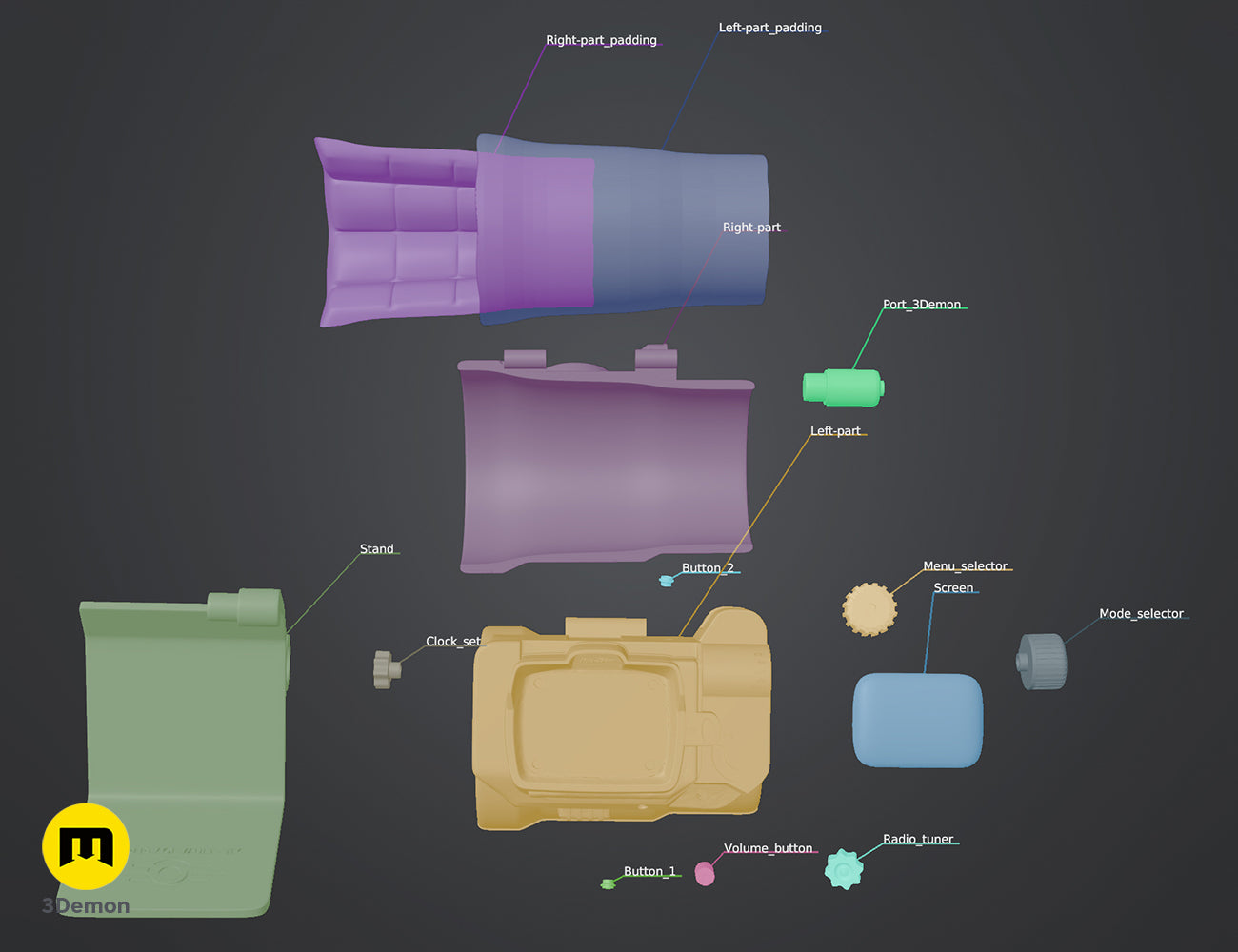 Overview 3D render of all Pip Boy components separated for assembly – Pip Boy Fallout 3D print | 3Demon