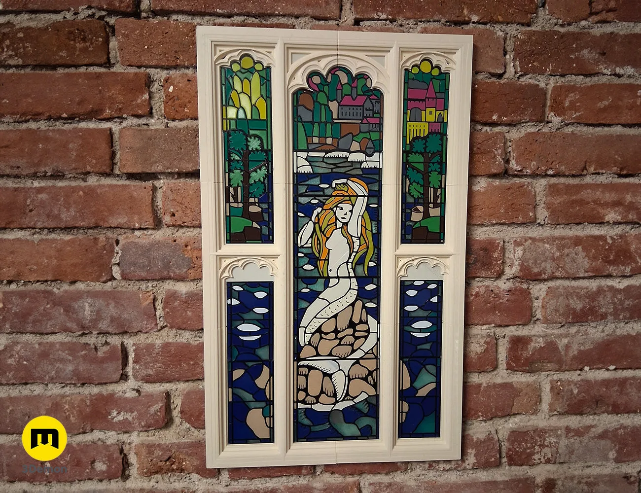 3D printed Harry Potter stained glass window decoration mounted on a brick wall