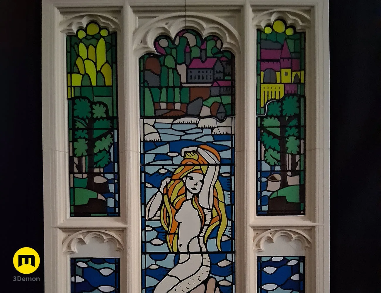 3D printed Harry Potter stained glass window panels showing castle and forest scenery, multicolor STL