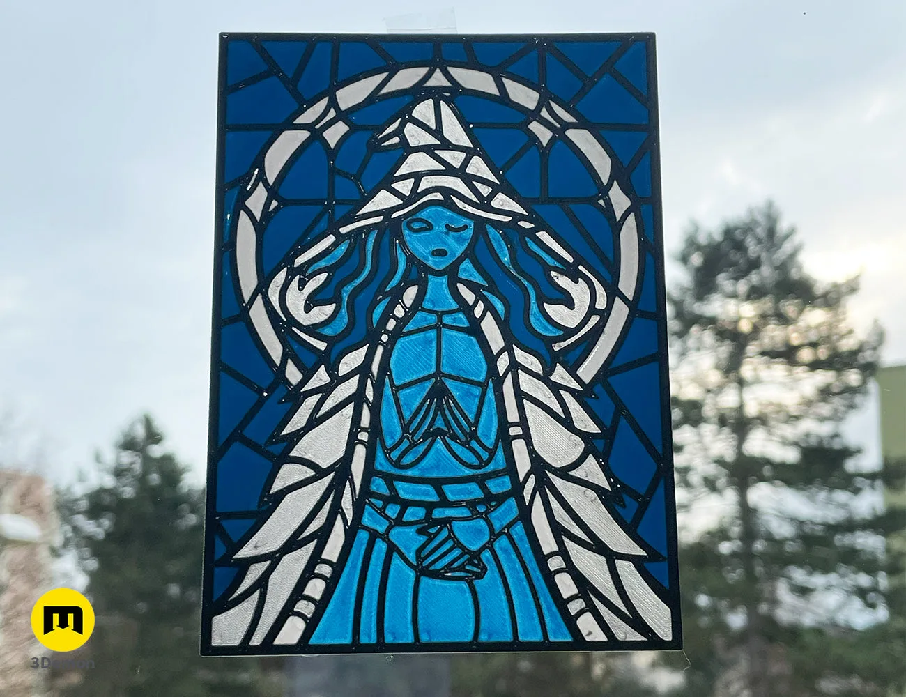 3D printed Ranni the Witch stained glass panel in blue and white, displayed on a window – Elden Ring Stained Glass 3D print | 3Demon