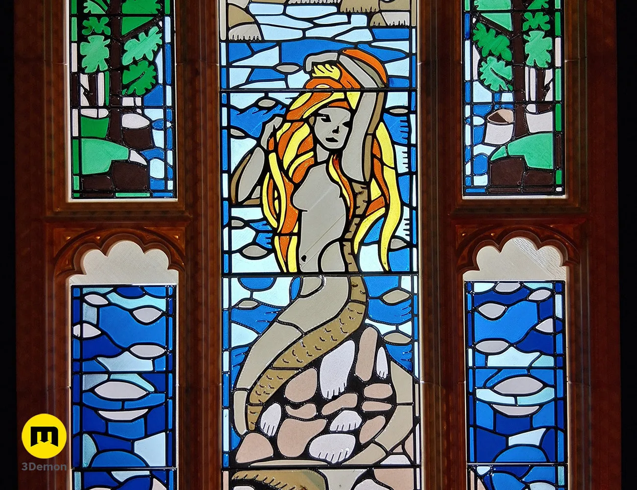 Close-up of a 3D printed Harry Potter stained glass mermaid panel with translucent colors and black outlines