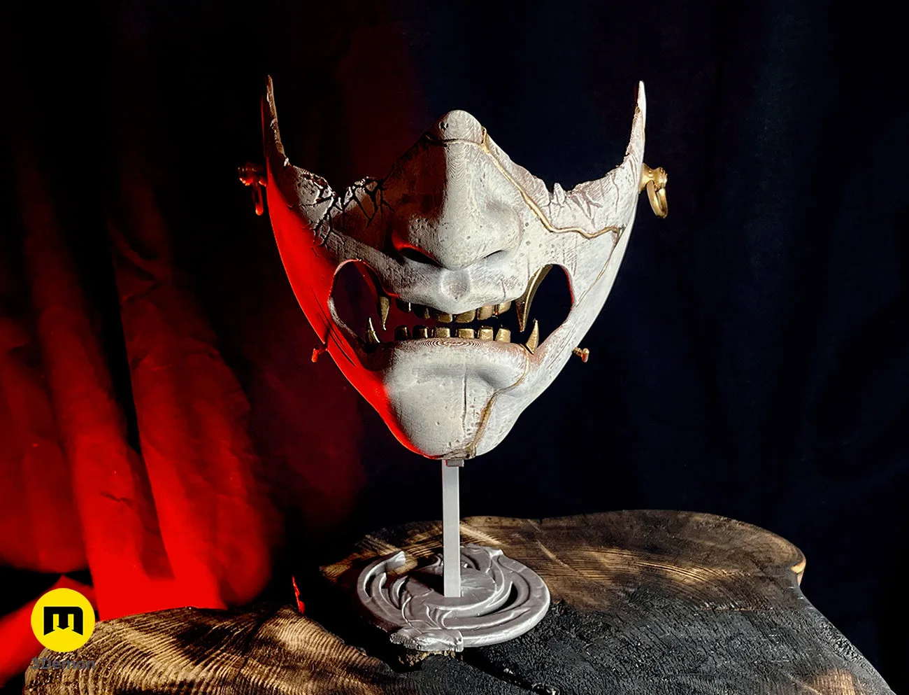 Front view of the 3D printed Ghost of Yotei mask with red dramatic lighting and gold teeth – Ghost of Yotei Samurai Mask 3D print | 3Demon