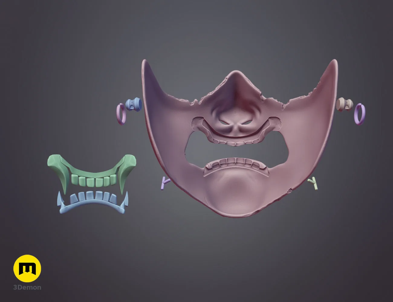 Exploded view render showing the different parts of the Ghost of Yotei samurai mask 3D model – Ghost of Yotei Samurai Mask 3D print | 3Demon