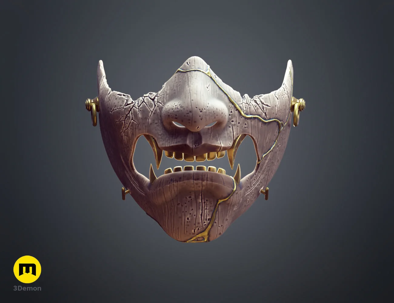 Front view render of the Ghost of Yotei samurai mask 3D model with realistic textures – Ghost of Yotei Samurai Mask 3D print | 3Demon