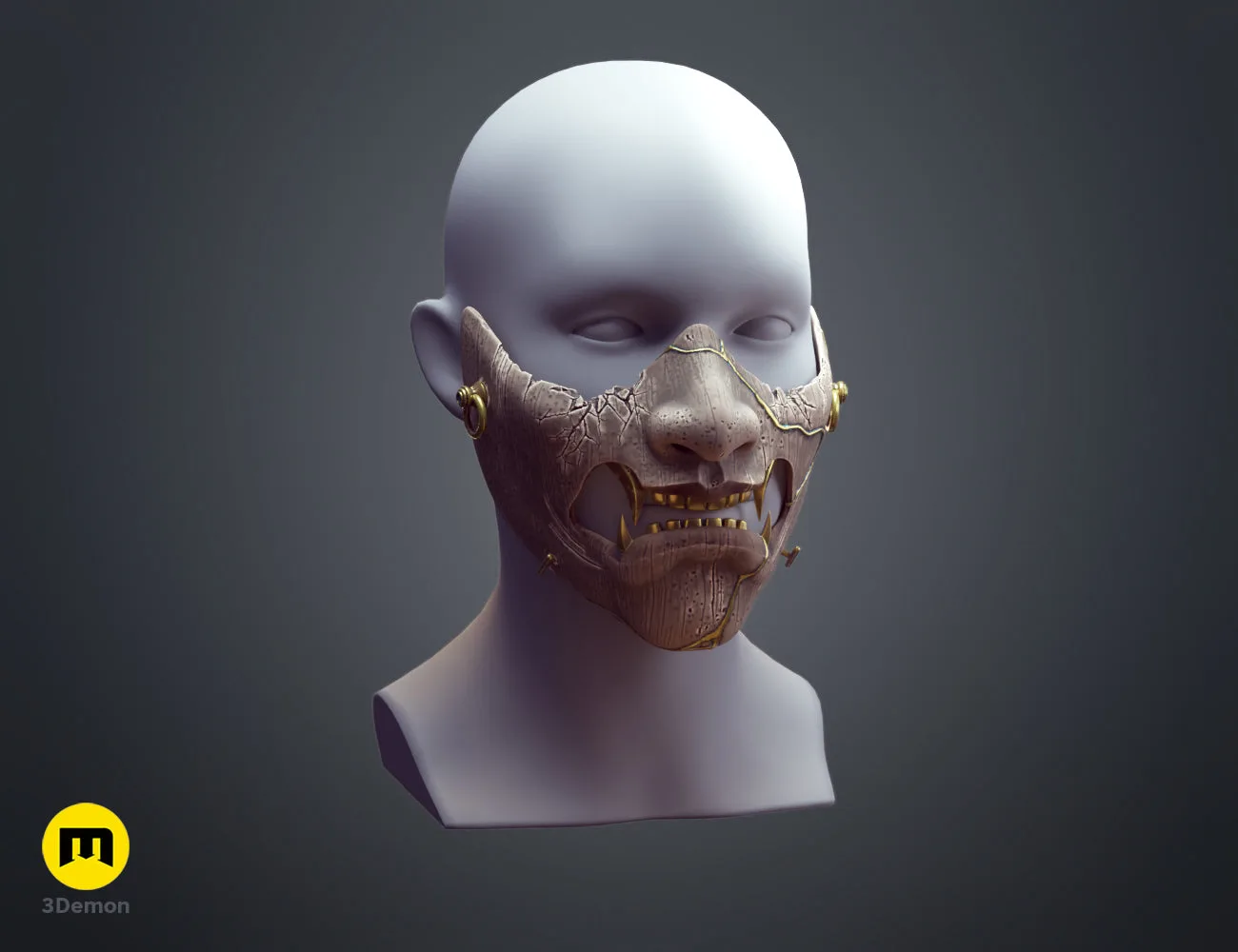 Frontal render of the weathered white Ghost of Yotei samurai mask with gold accents – Ghost of Yotei Samurai Mask 3D print | 3Demon