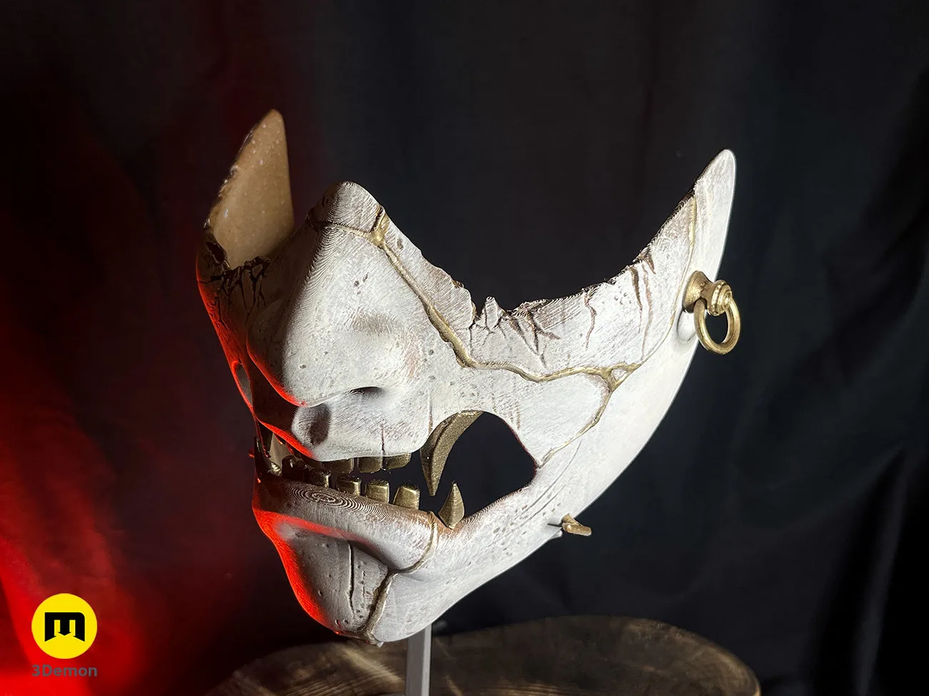 Rear view of the 3D printed Ghost of Yotei samurai mask on its display stand – Ghost of Yotei Samurai Mask 3D print | 3Demon