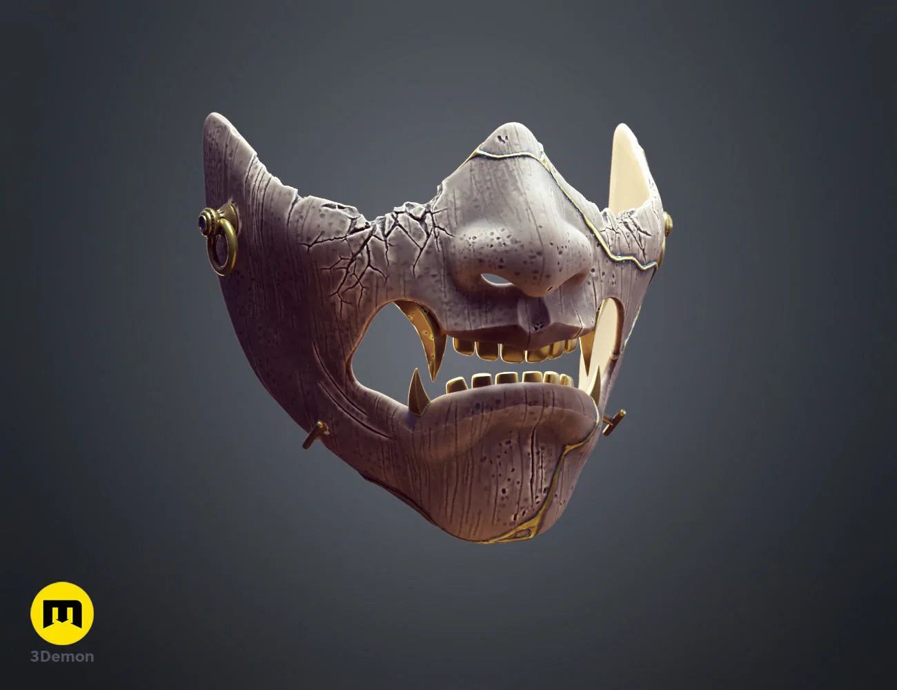 Render of the Ghost of Yotei samurai mask on a mannequin head, showing weathered wood texture – Ghost of Yotei Samurai Mask 3D print | 3Demon