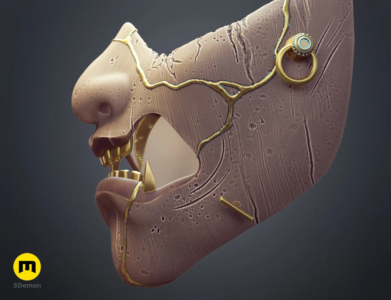 Render of the untextured 3D model of the samurai mask, showing detailed sculpt and cracks – Ghost of Yotei Samurai Mask 3D print | 3Demon