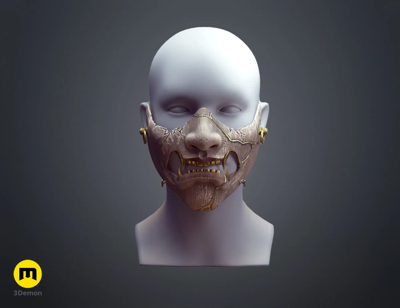 Side profile render of the Ghost of Yotei samurai mask on a mannequin, highlighting golden cracks – Ghost of Yotei Samurai Mask 3D print | 3Demon