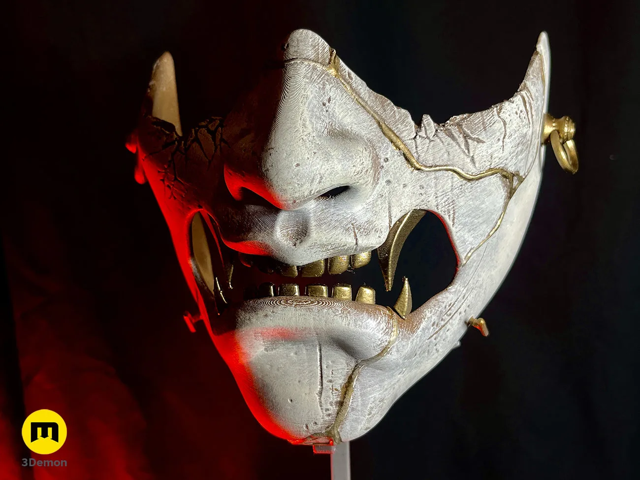 Side view of the 3D printed Ghost of Yotei samurai mask showing attachment points and weathered finish – Ghost of Yotei Samurai Mask 3D print | 3Demon
