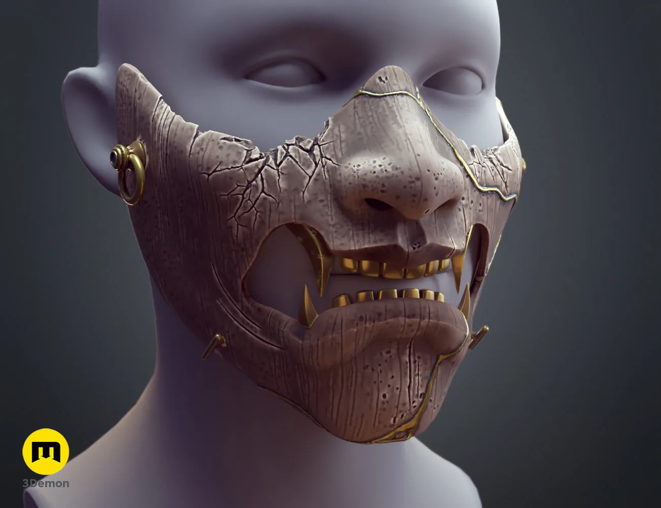 Three-quarter view render of the samurai mask, showing detailed sculpt and gold teeth – Ghost of Yotei Samurai Mask 3D print | 3Demon