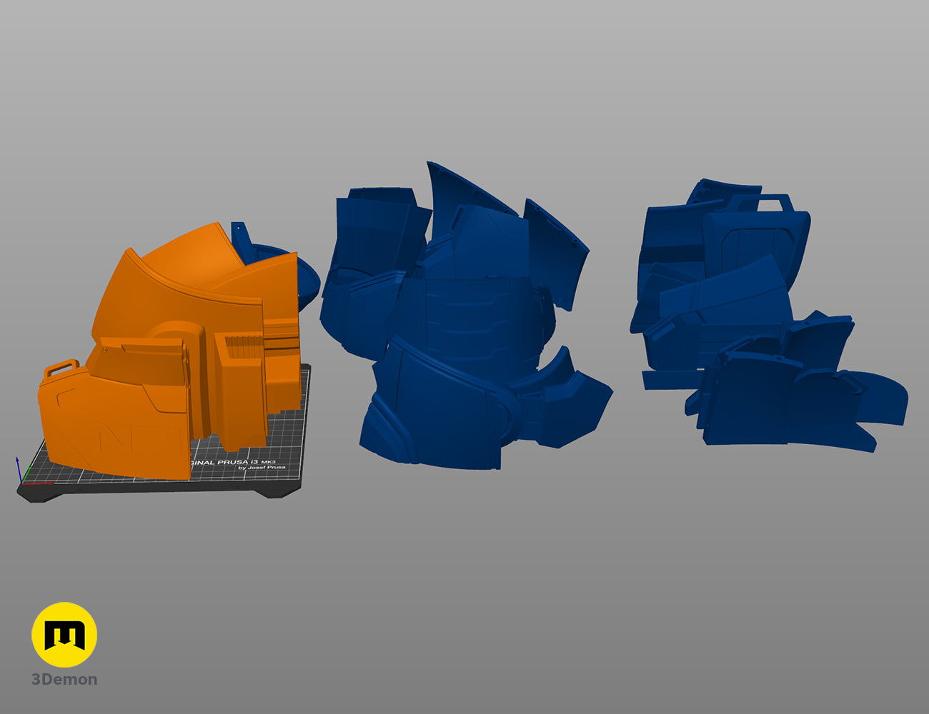 3D model parts of the male N7 armor arranged on a virtual print bed for 3D printing, slicer screenshot STL