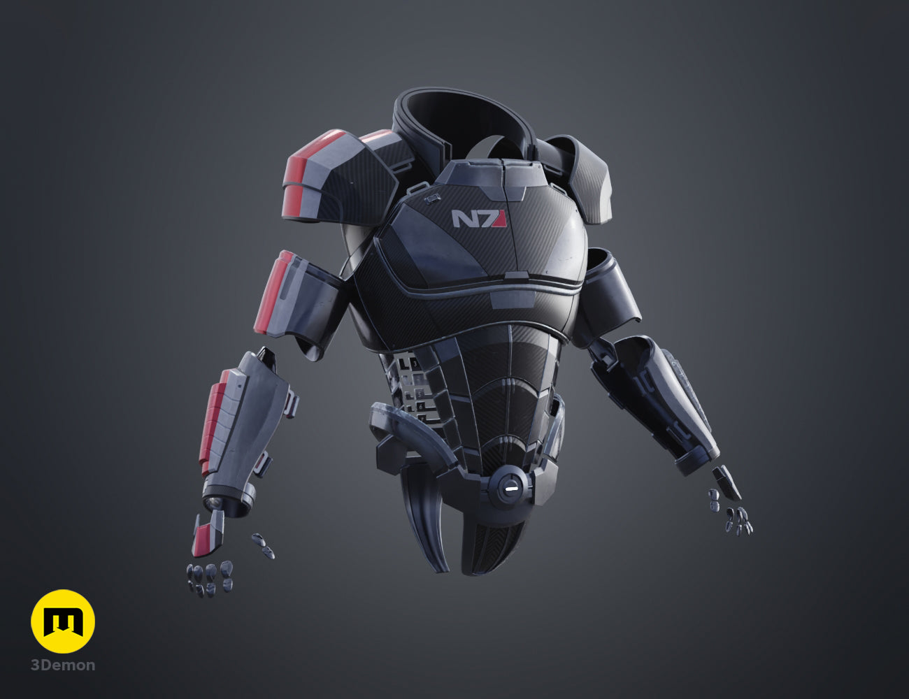 Back profile painted 3D render of the N7 male Shepard back and lower spine armor pieces, 3D print STL