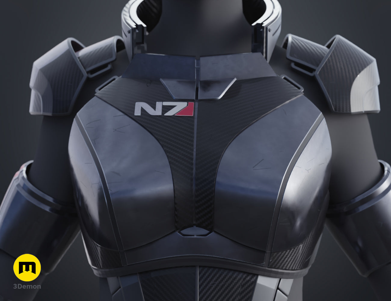 Close-up painted 3D render of the female N7 chest armor with carbon fiber texture and logo, 3D print STL