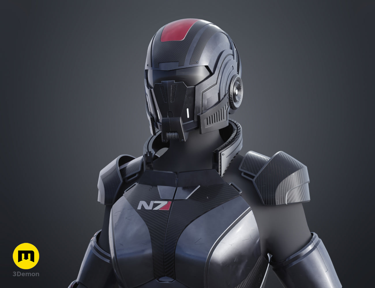 Close-up painted 3D render of the N7 helmet and upper armor on a female figure, 3D print STL