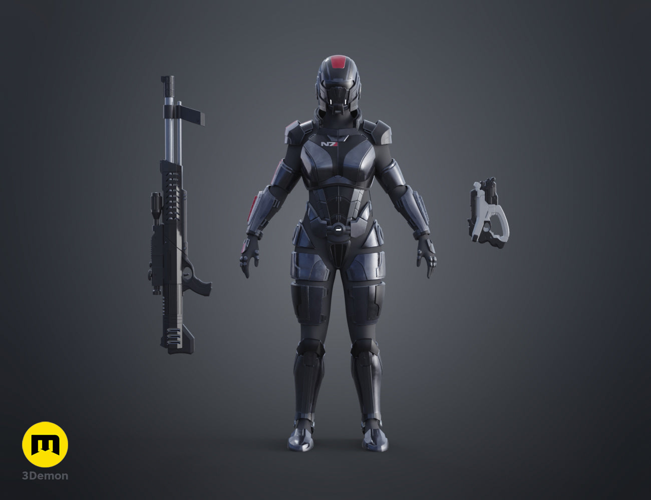 Front view painted 3D render of the female N7 armor with a rifle and pistol, 3D print STL