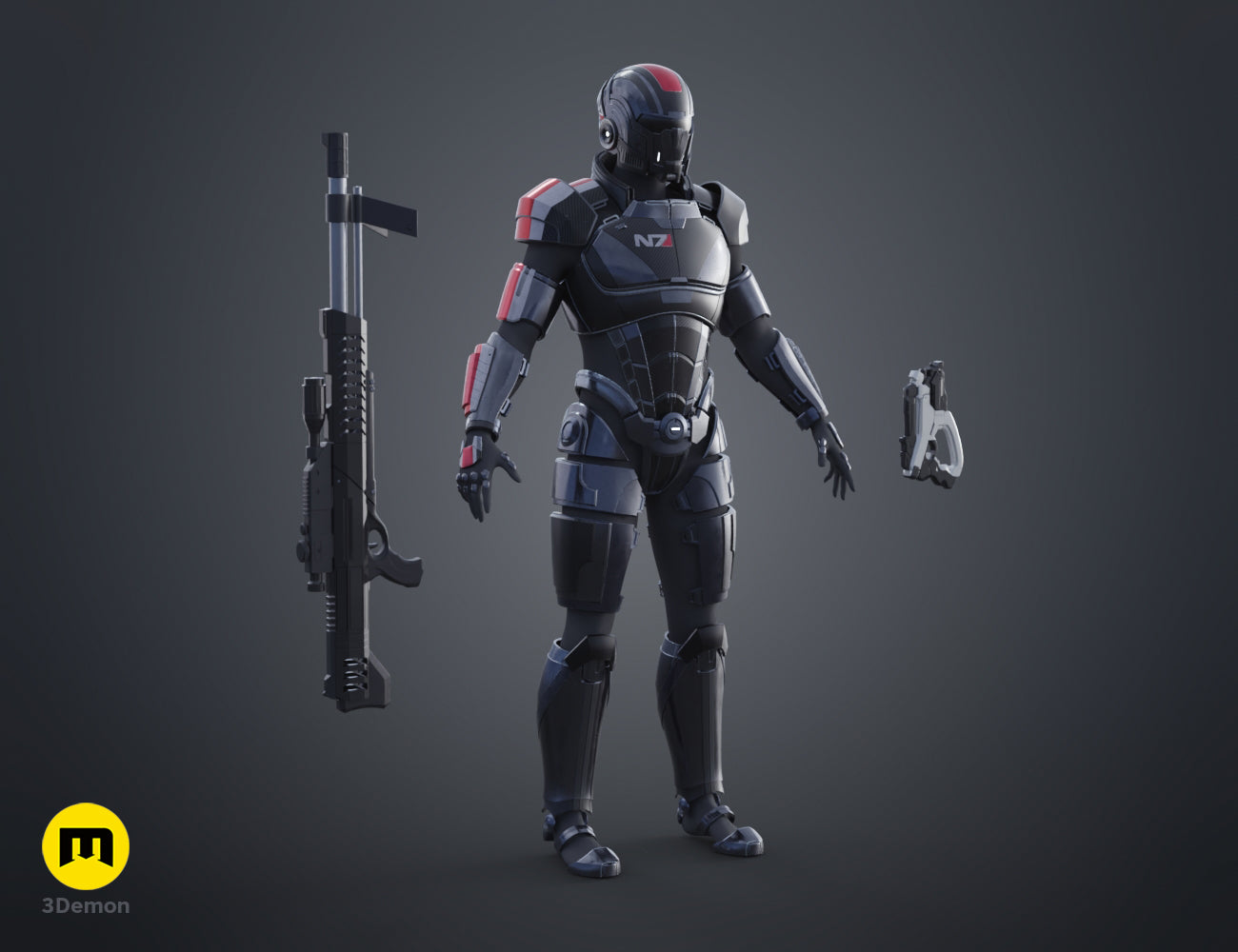Front view painted 3D render of the male N7 armor standing with a sniper rifle and pistol, 3D print STL
