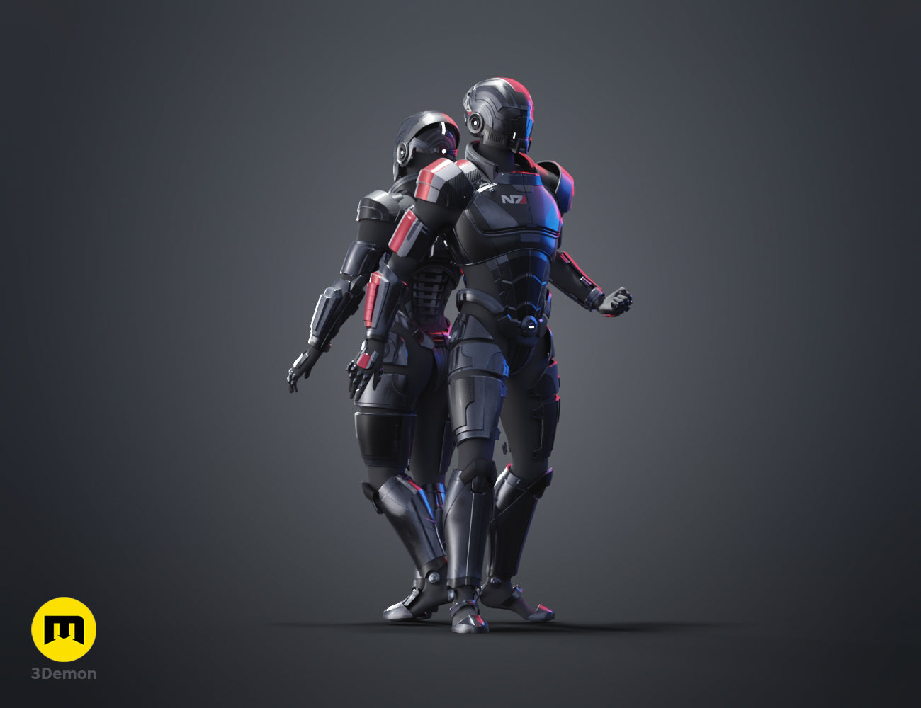 Front view painted 3D render of the male N7 armor standing with a helmet, 3D print STL