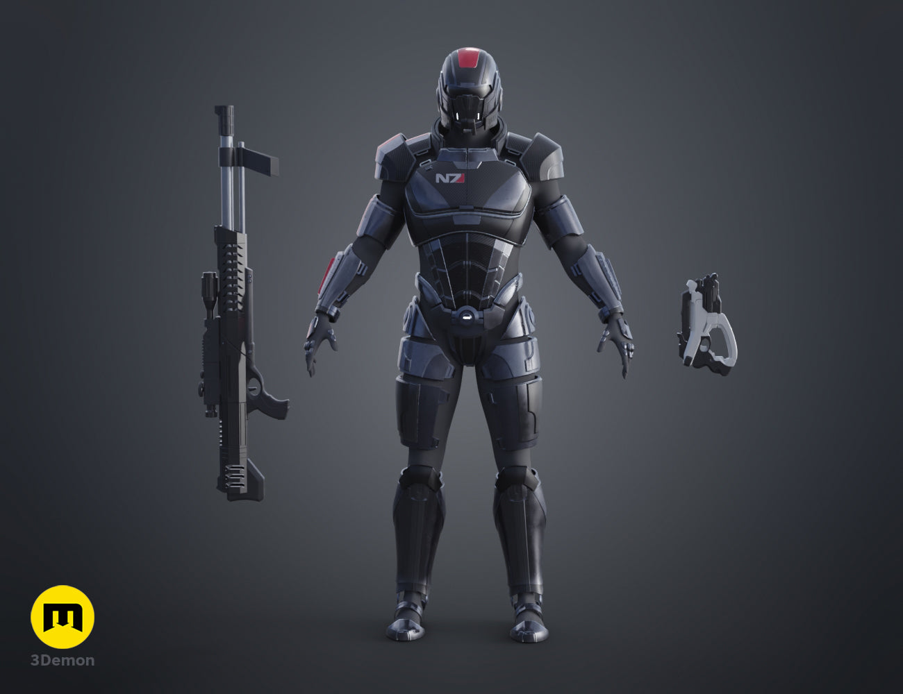 Front view painted 3D render of the male N7 armor with a rifle and pistol, 3D print STL