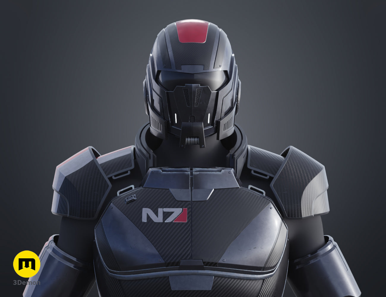Front view painted 3D render of the N7 helmet and chest plate on a male character model, 3D print STL