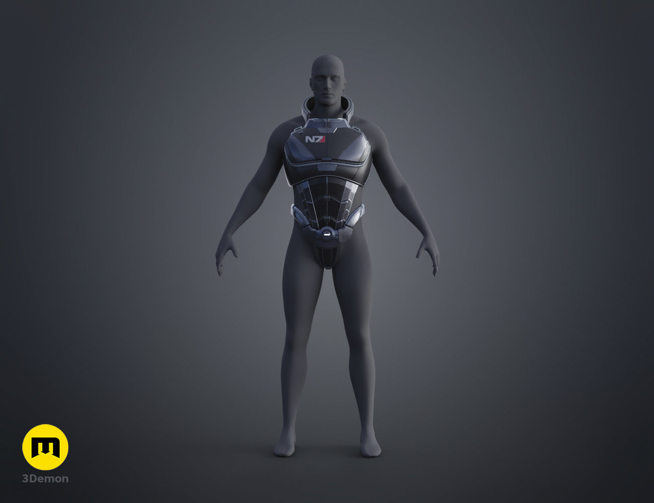 Front view painted 3D render of the N7 male Shepard chest armor with carbon fiber texture and logo, 3D print STL