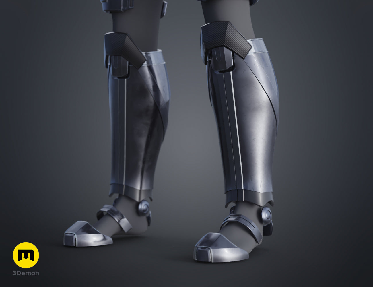 Front view painted 3D render of the N7 male Shepard lower leg armor and knee pads, 3D print STL