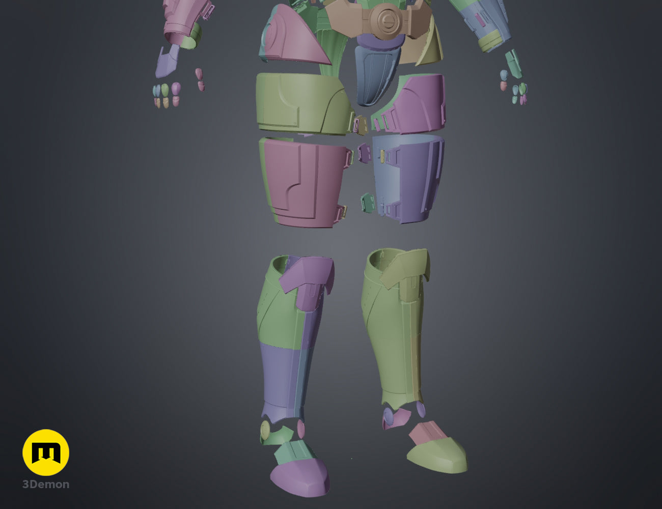 Disassembled parts of the N7 female armor legs and hips in a colorful clay render, 3D print STL