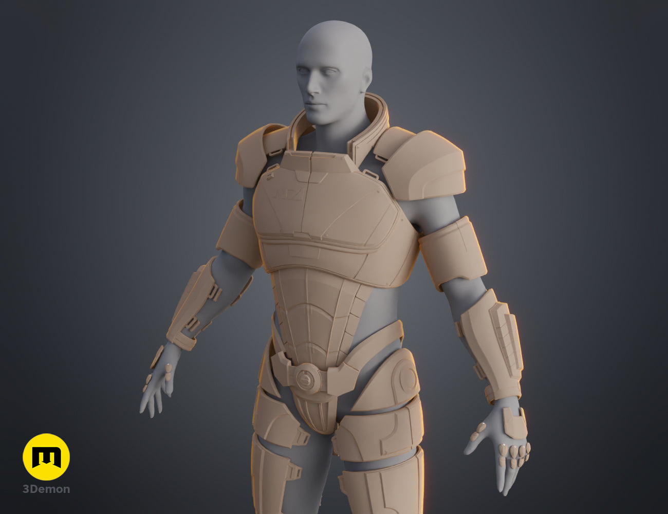 Side profile clay render of the full N7 male Shepard armor set, 3D print STL