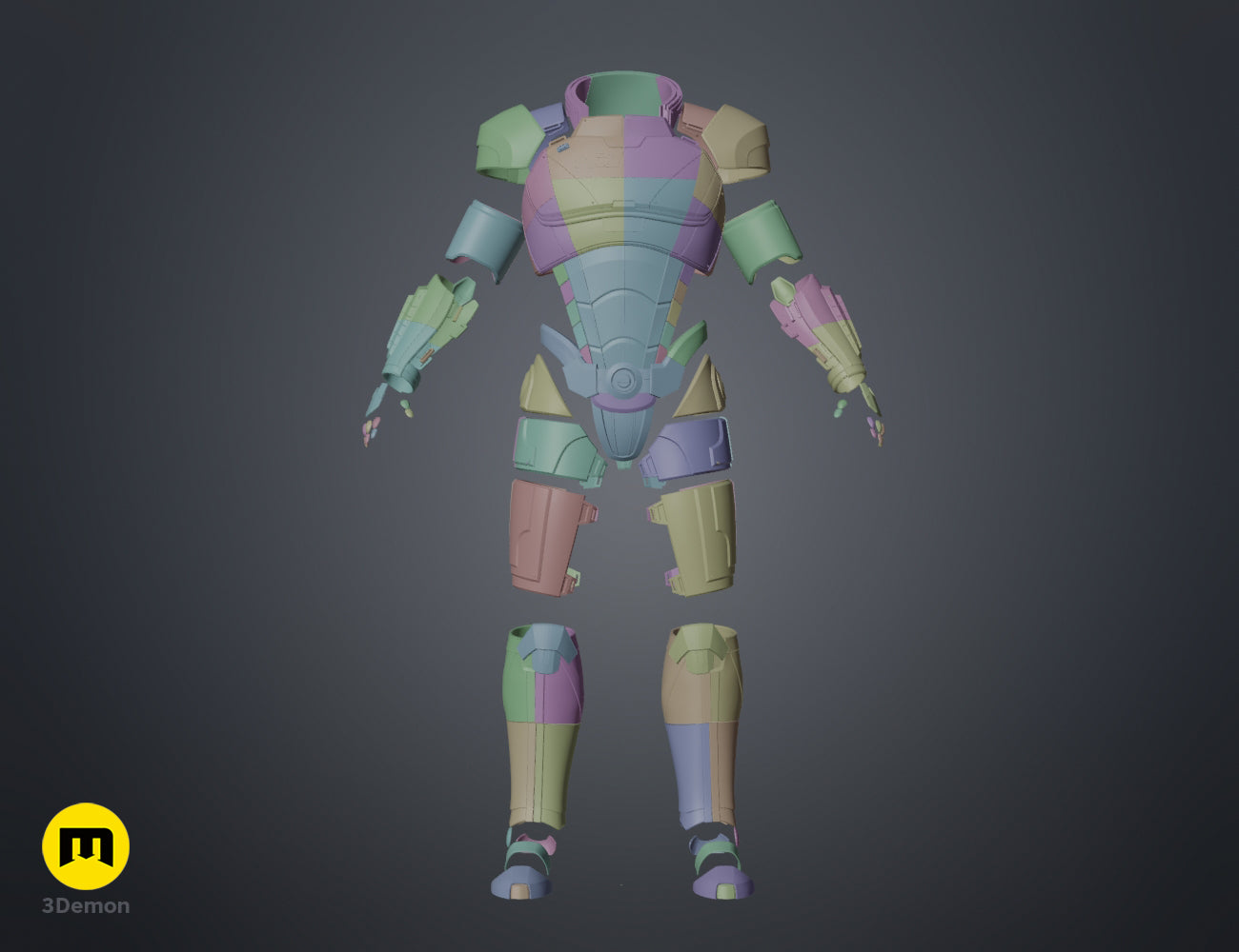 Disassembled parts of the N7 male Shepard armor leg pieces in a colorful clay render, 3D print STL