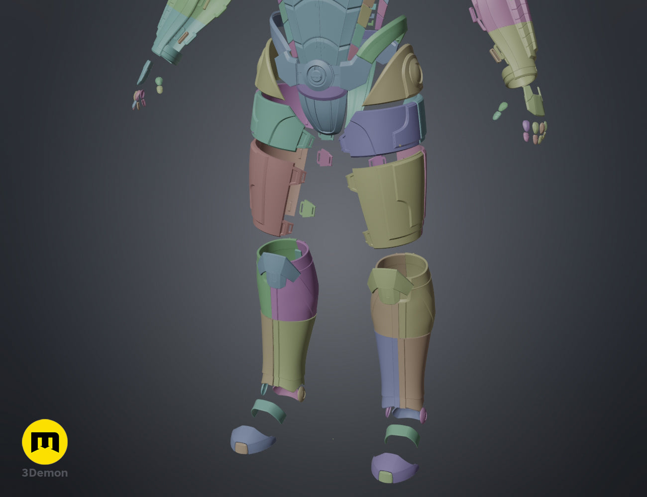 Disassembled parts of the N7 male Shepard armor collar and chest pieces in a colorful clay render, 3D print STL