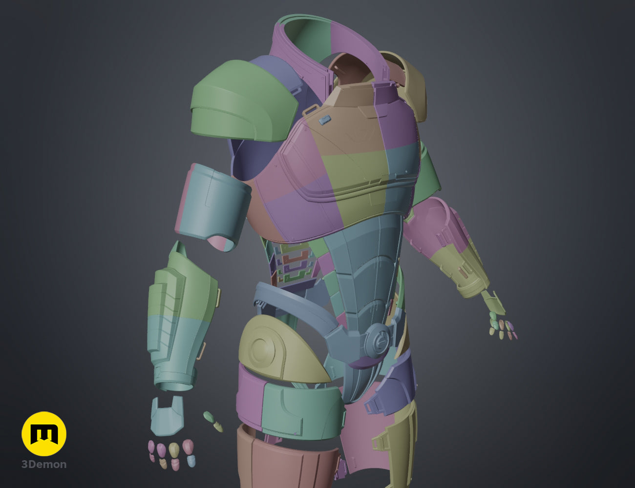 Disassembled parts of the N7 male Shepard armor torso pieces in a colorful clay render, 3D print STL
