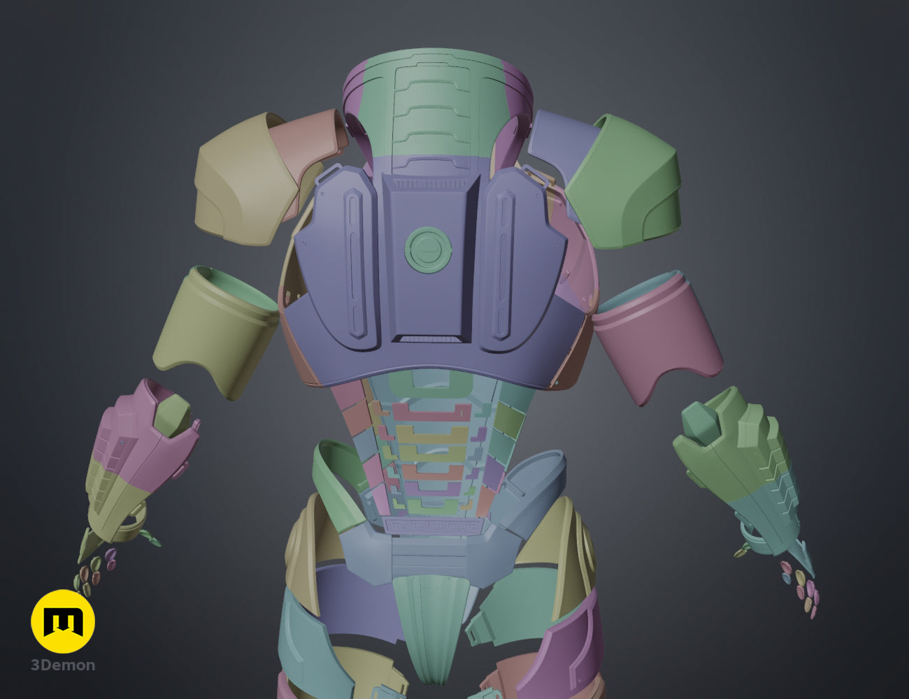 Disassembled parts of the N7 male Shepard chest armor and back plates in a colorful clay render, 3D print STL