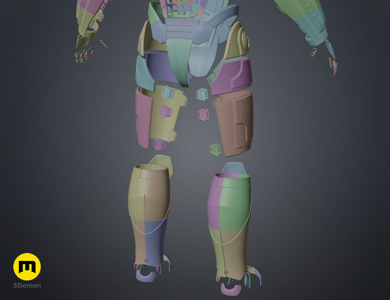 Disassembled parts of the N7 male Shepard waist and hip armor in a colorful clay render, 3D print STL