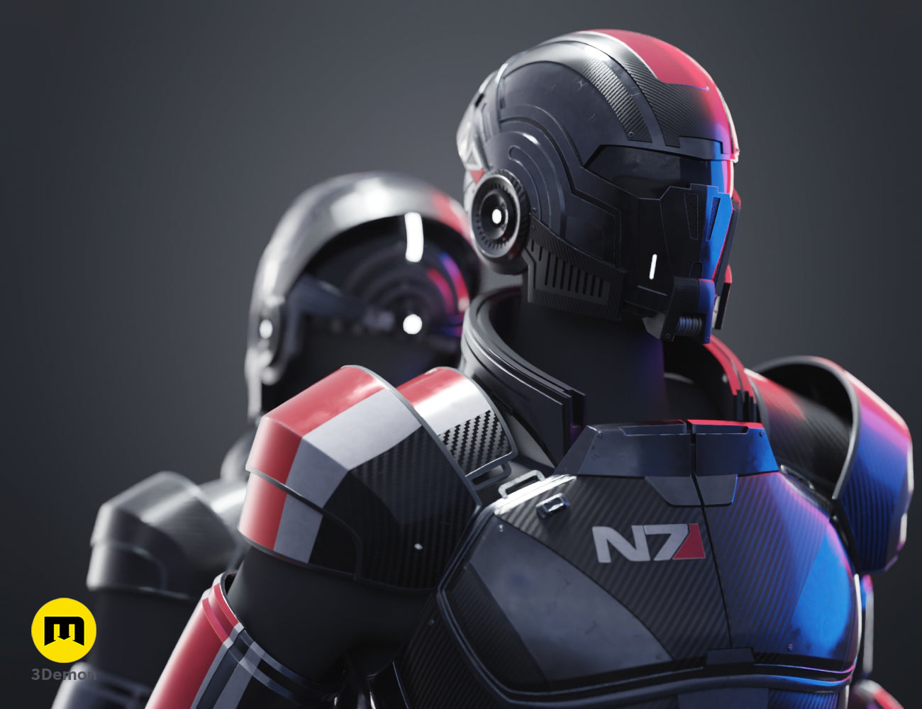 Painted 3D render of the male N7 helmet and chest plate with a female character in the background, 3D print STL