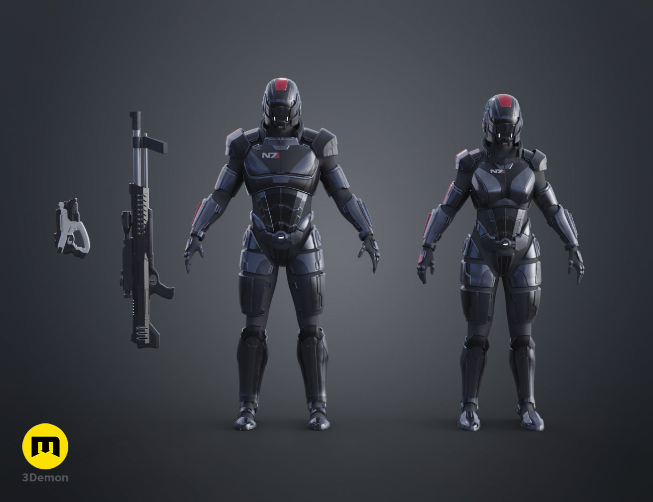 Painted 3D render of the Mass Effect cosplay collection with male and female N7 armor, rifle and pistol, 3D print STL