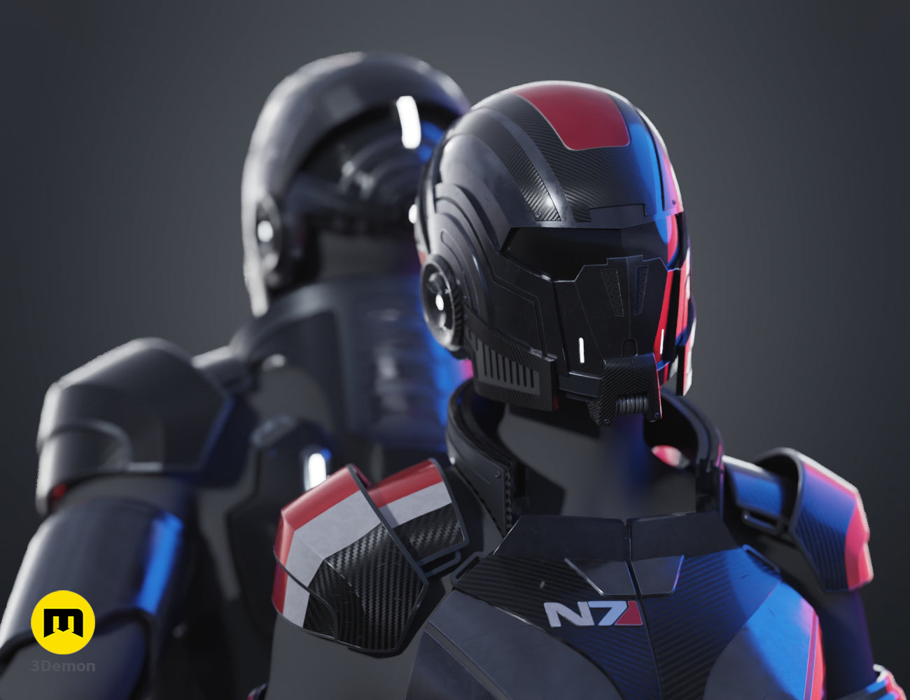 Painted 3D render of the N7 helmet and female chest plate with another character in the background, 3D print STL