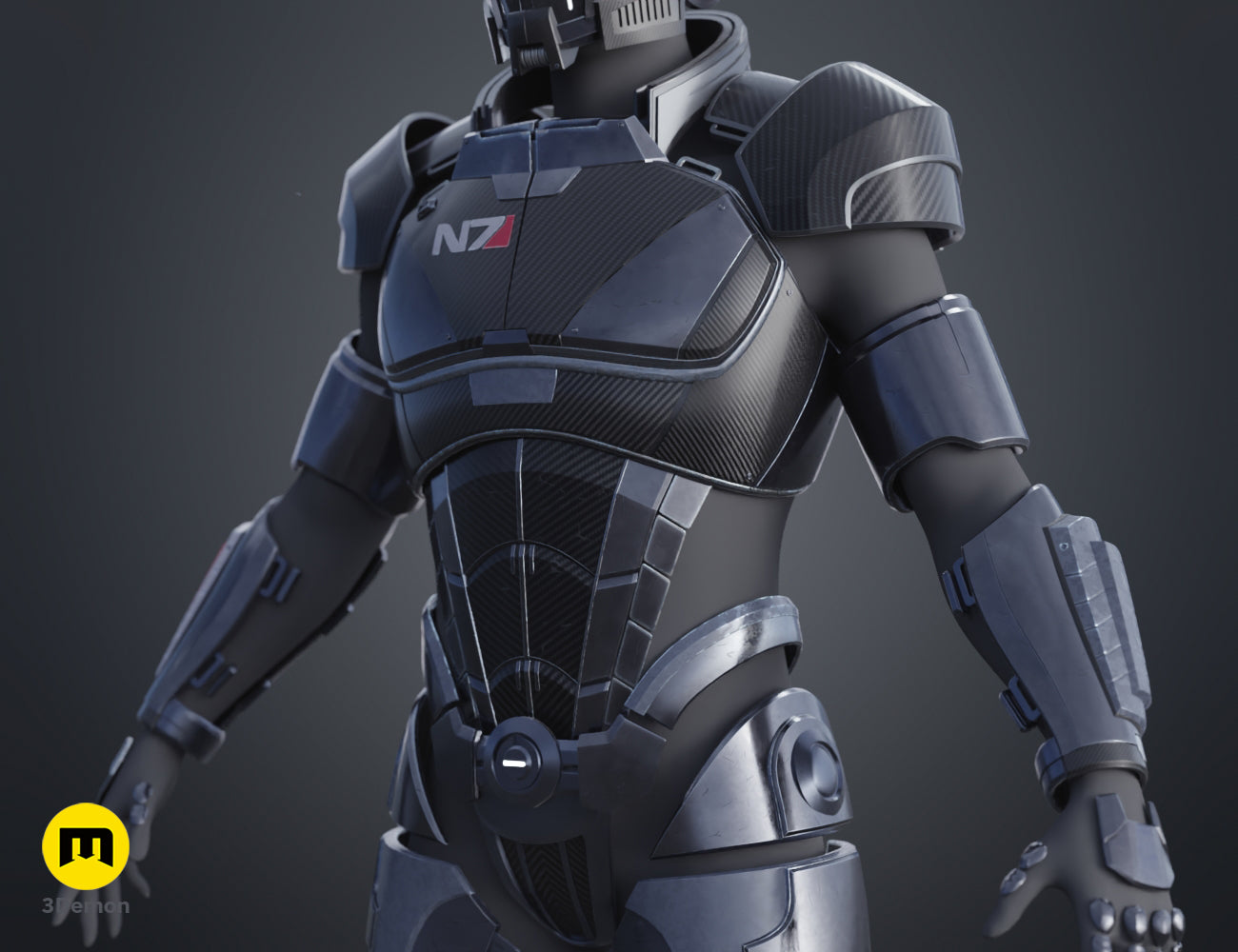 Painted 3D render of the N7 male Shepard boot armor details from the back, 3D print STL