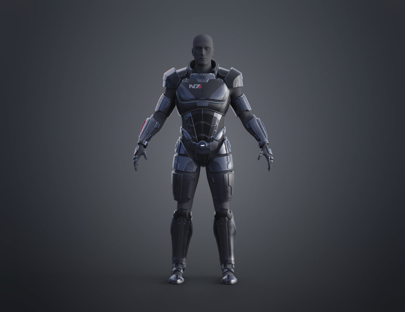 Painted 3D render of the N7 male Shepard shoulder armor with red stripe from Mass Effect, 3D print STL
