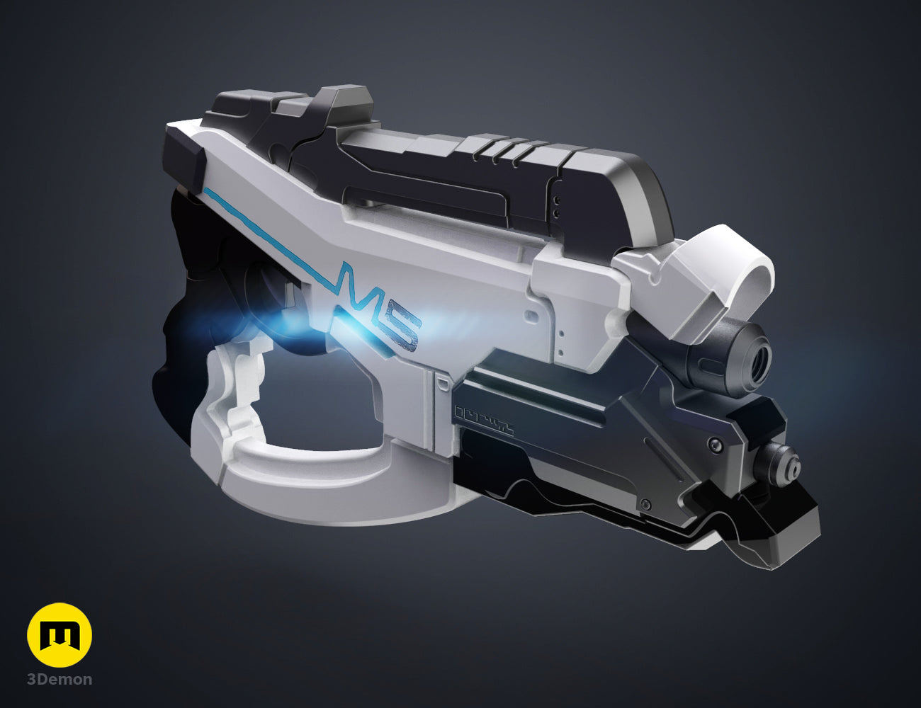 Perspective painted 3D render of the M-5 Phalanx heavy pistol from Mass Effect, 3D print STL