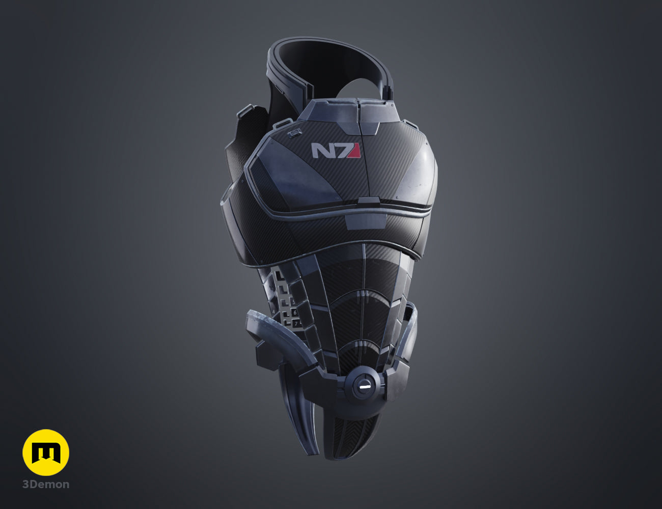 Perspective painted 3D render of the N7 male Shepard lower abdominal and hip armor plate, 3D print STL