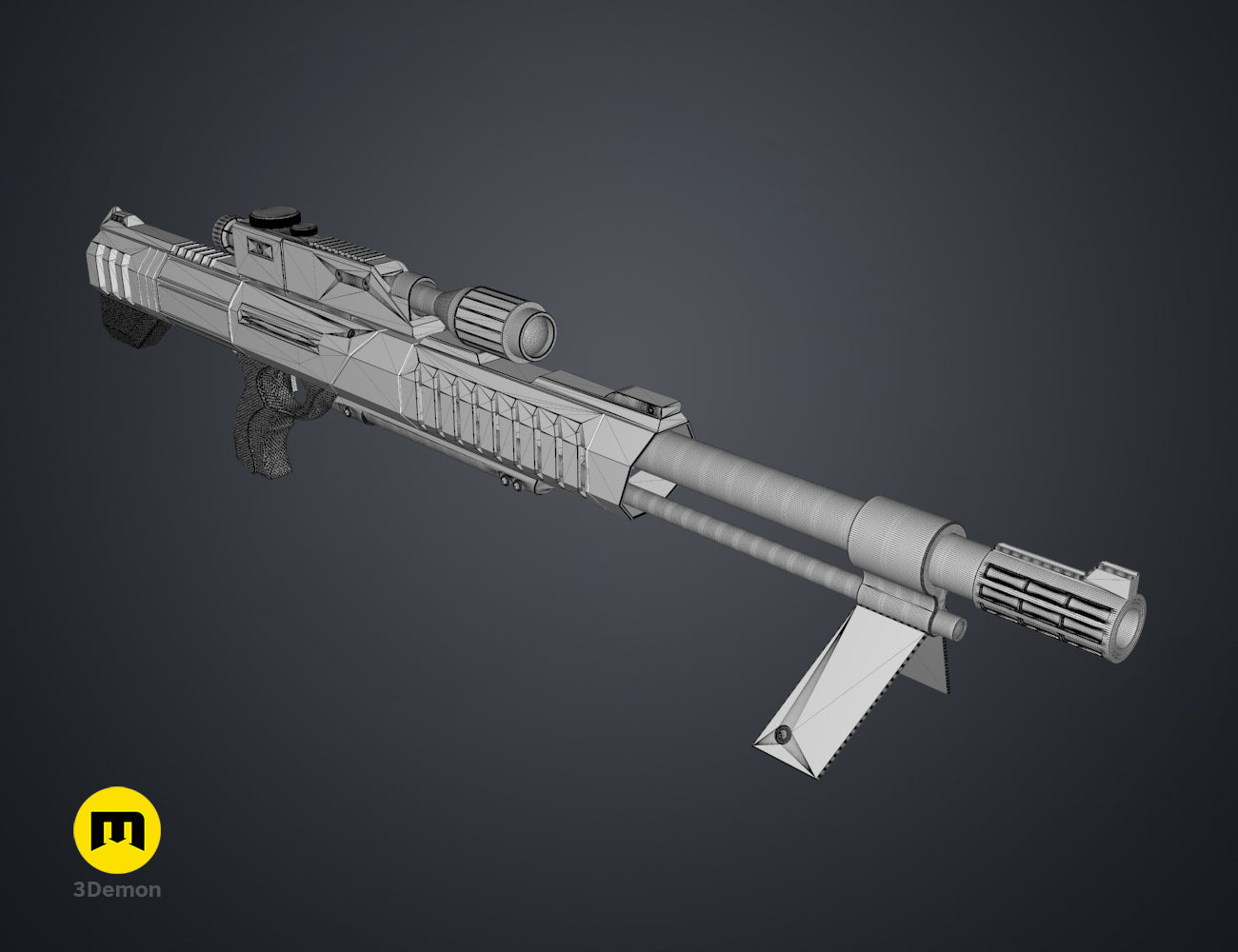 Perspective wireframe mesh of the Black Widow sniper rifle model for 3D printing, wireframe mesh STL